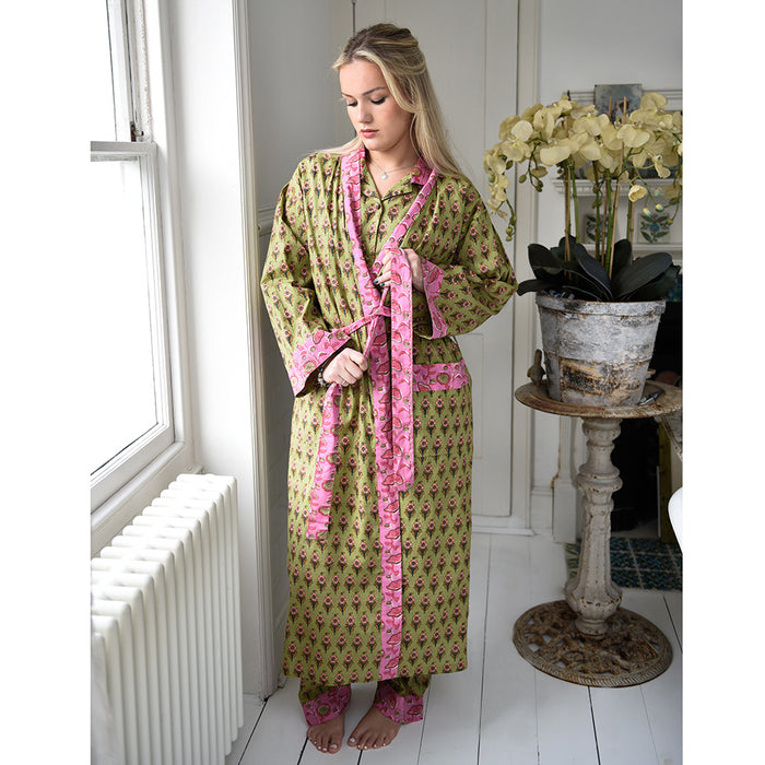 Block Printed Green & Pink Floral Cotton Dressing Gown