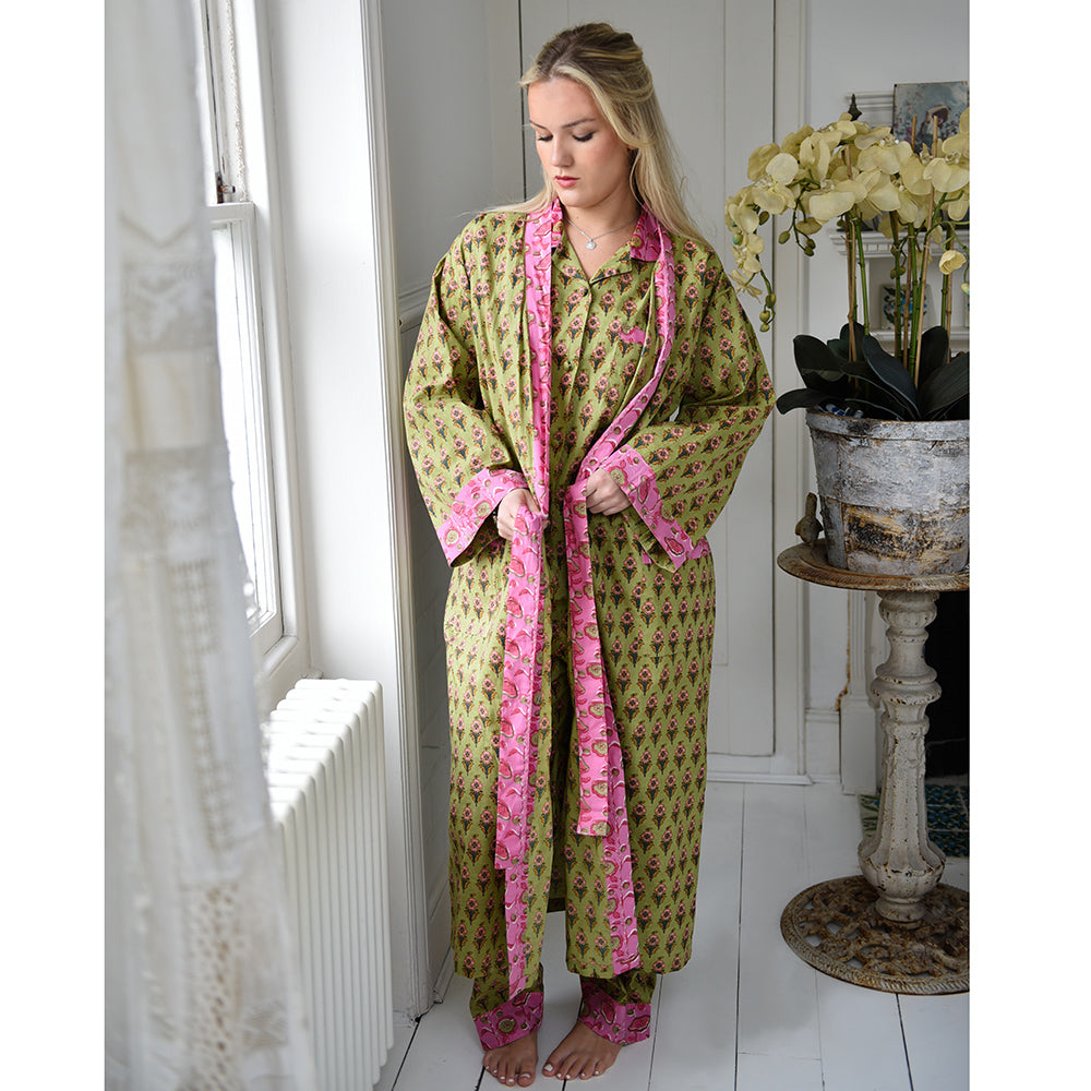 Block Printed Green & Pink Floral Cotton Dressing Gown