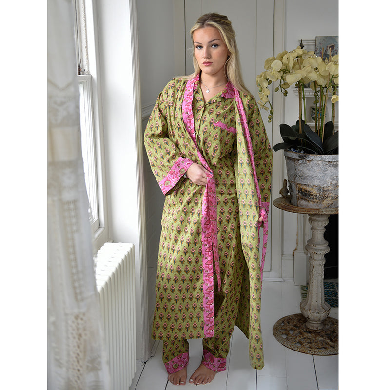 Block Printed Green & Pink Floral Cotton Dressing Gown