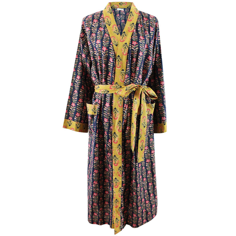 Block Printed Navy Blue, Mustard & Pink Lily Cotton Dressing Gown