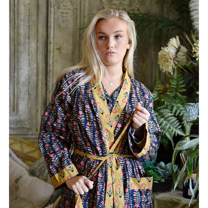 Block Printed Navy Blue, Mustard & Pink Lily Cotton Dressing Gown