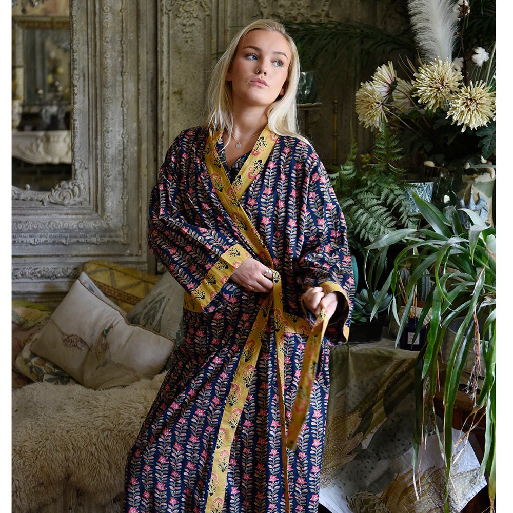 Block Printed Navy Blue, Mustard & Pink Lily Cotton Dressing Gown