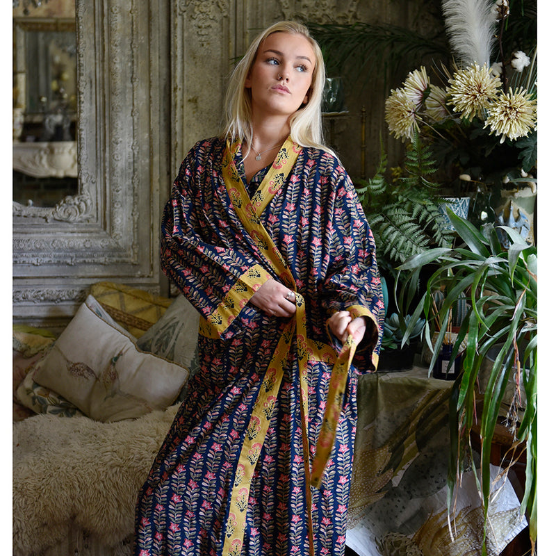 Block Printed Navy Blue, Mustard & Pink Lily Cotton Dressing Gown