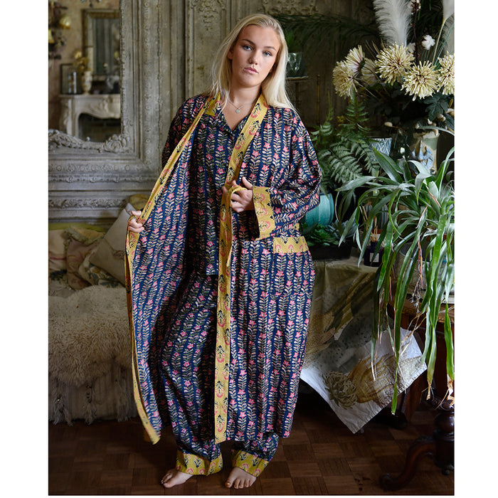 Block Printed Navy Blue, Mustard & Pink Lily Cotton Dressing Gown