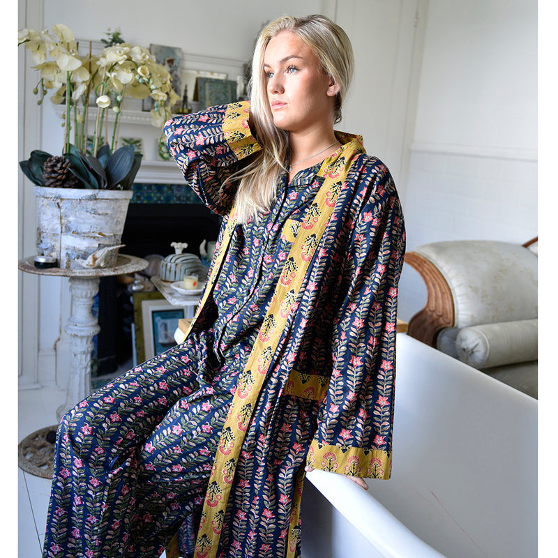 Block Printed Navy Blue, Mustard & Pink Lily Cotton Dressing Gown
