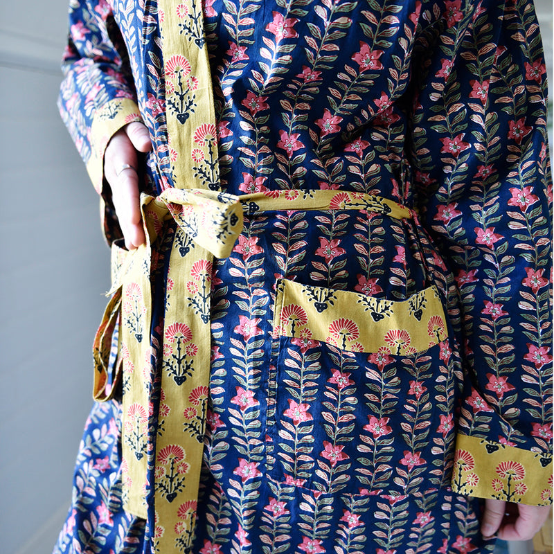 Block Printed Navy Blue, Mustard & Pink Lily Cotton Dressing Gown