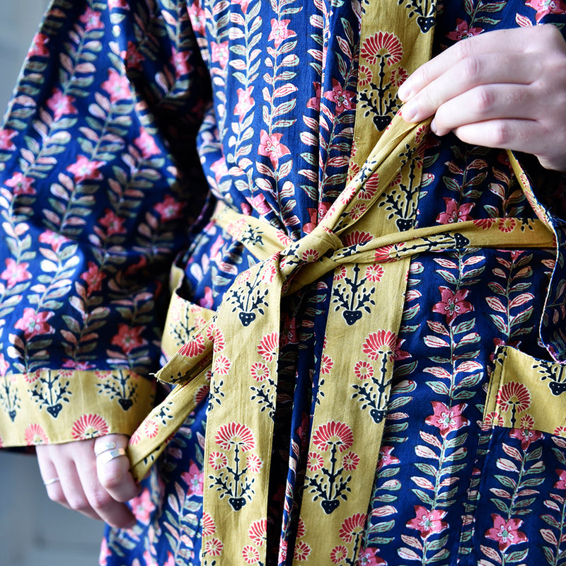 Block Printed Navy Blue, Mustard & Pink Lily Cotton Dressing Gown