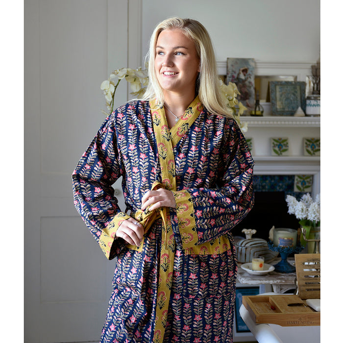 Block Printed Navy Blue, Mustard & Pink Lily Cotton Dressing Gown