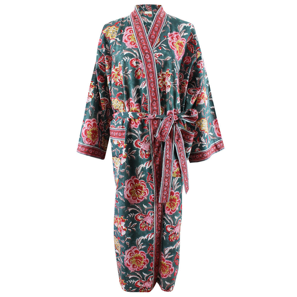 Block Printed Pine Green, Red & Mustard Floral Cotton Dressing Gown