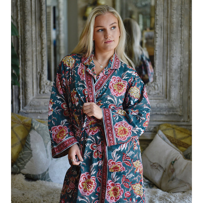 Block Printed Pine Green, Red & Mustard Floral Cotton Dressing Gown
