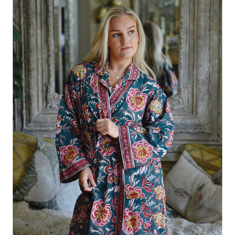 Block Printed Pine Green, Red & Mustard Floral Cotton Dressing Gown