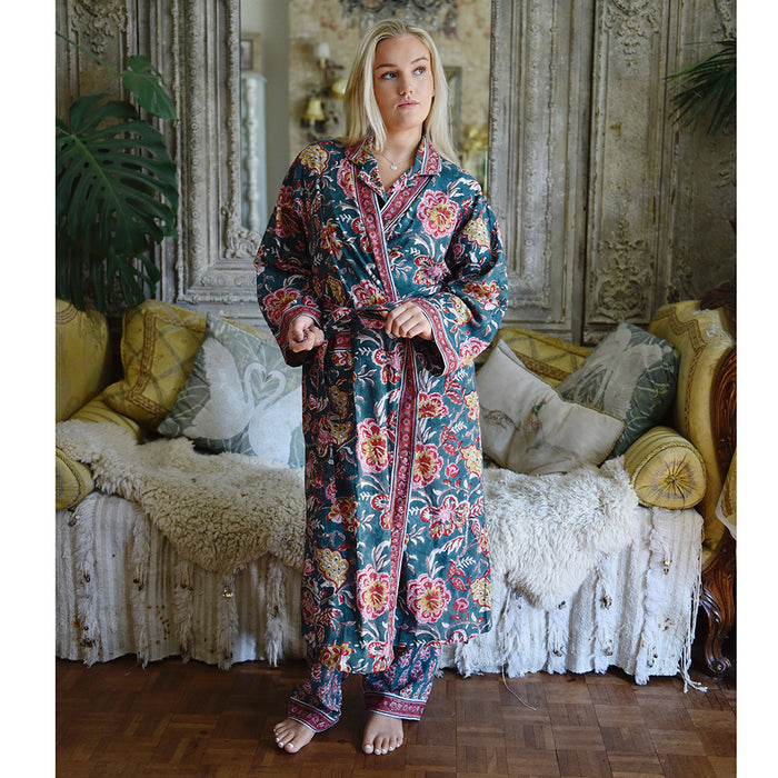 Block Printed Pine Green, Red & Mustard Floral Cotton Dressing Gown
