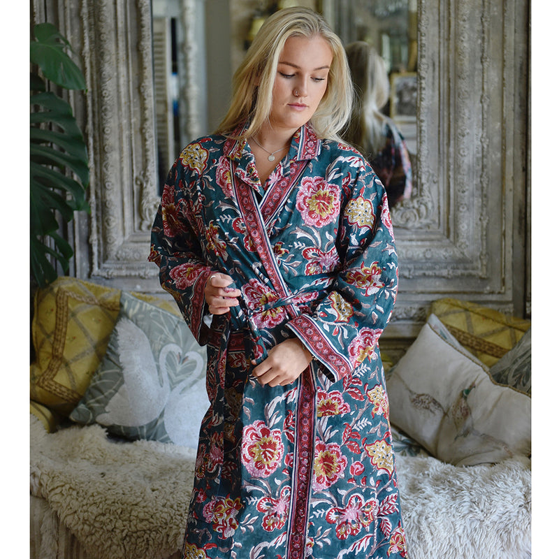 Block Printed Pine Green, Red & Mustard Floral Cotton Dressing Gown