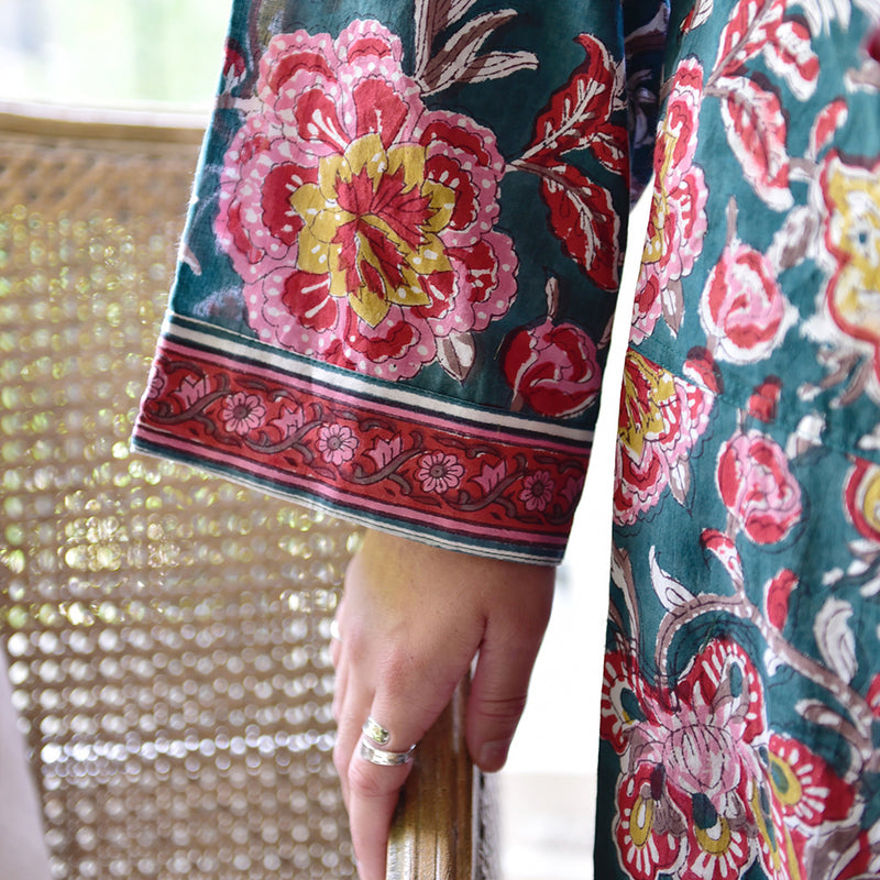 Block Printed Pine Green, Red & Mustard Floral Cotton Dressing Gown