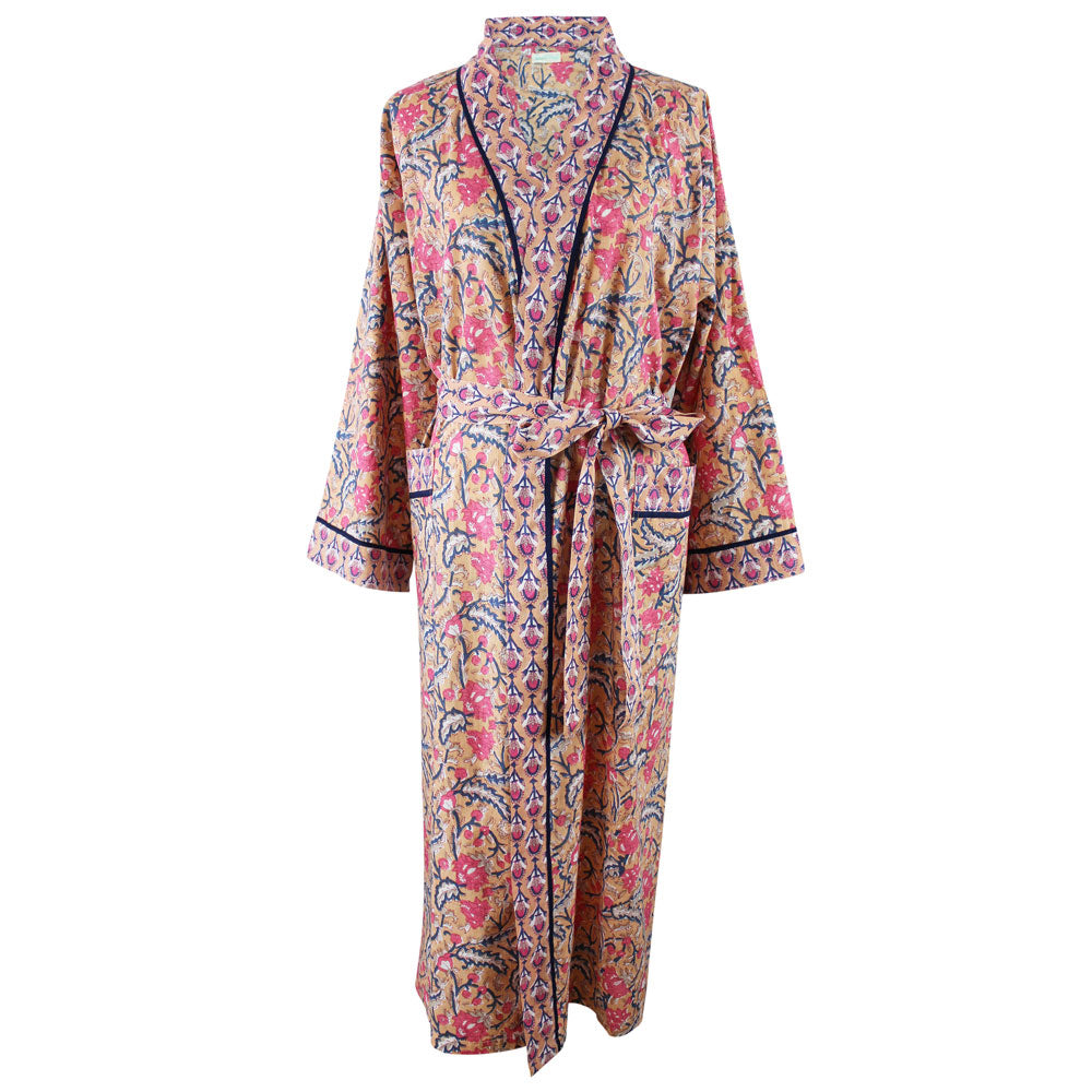 Block Printed Apricot, Navy & Persian Red Floral Cotton Dressing Gown