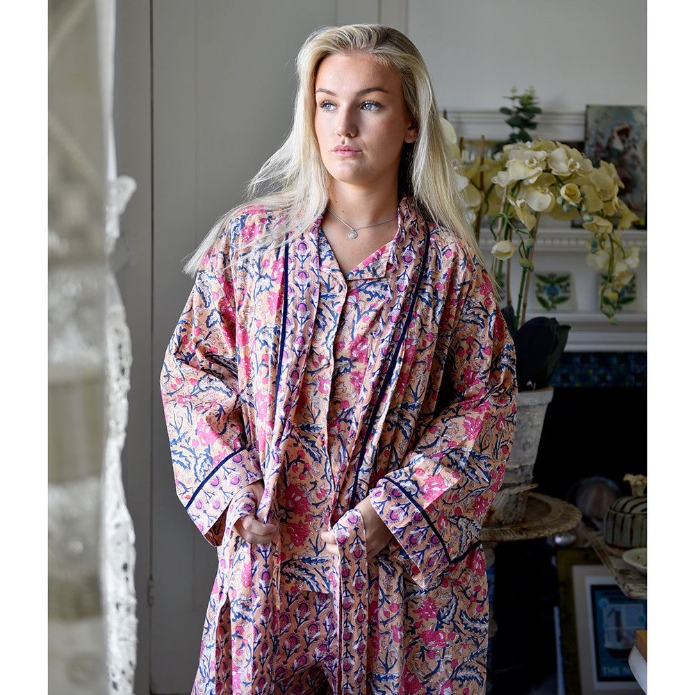 Block Printed Apricot, Navy & Persian Red Floral Cotton Dressing Gown