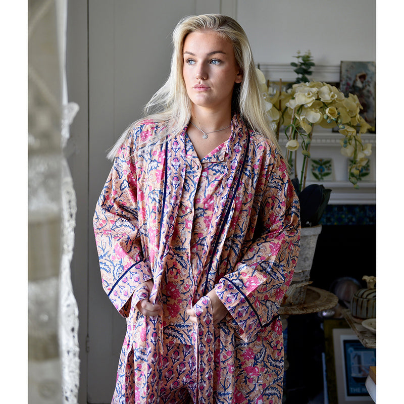 Block Printed Apricot, Navy & Persian Red Floral Cotton Dressing Gown