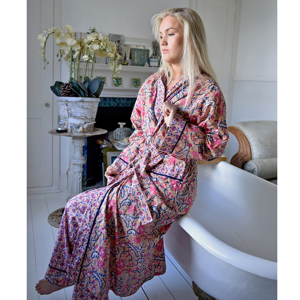 Block Printed Apricot, Navy & Persian Red Floral Cotton Dressing Gown