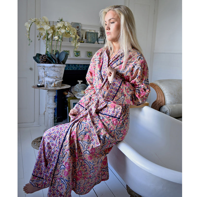 Block Printed Apricot, Navy & Persian Red Floral Cotton Dressing Gown