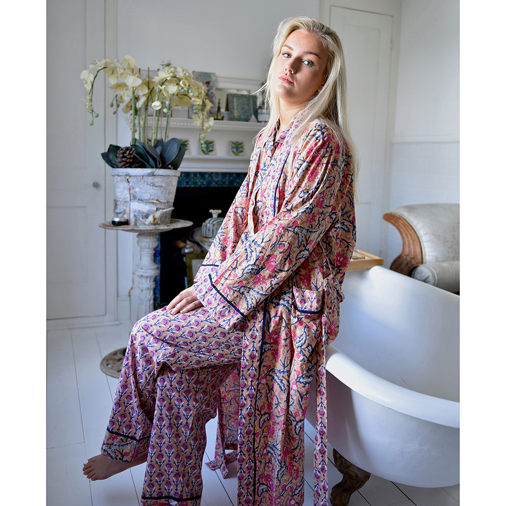 Block Printed Apricot, Navy & Persian Red Floral Cotton Dressing Gown