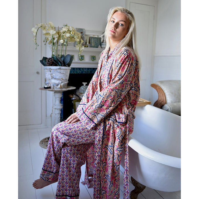 Block Printed Apricot, Navy & Persian Red Floral Cotton Dressing Gown