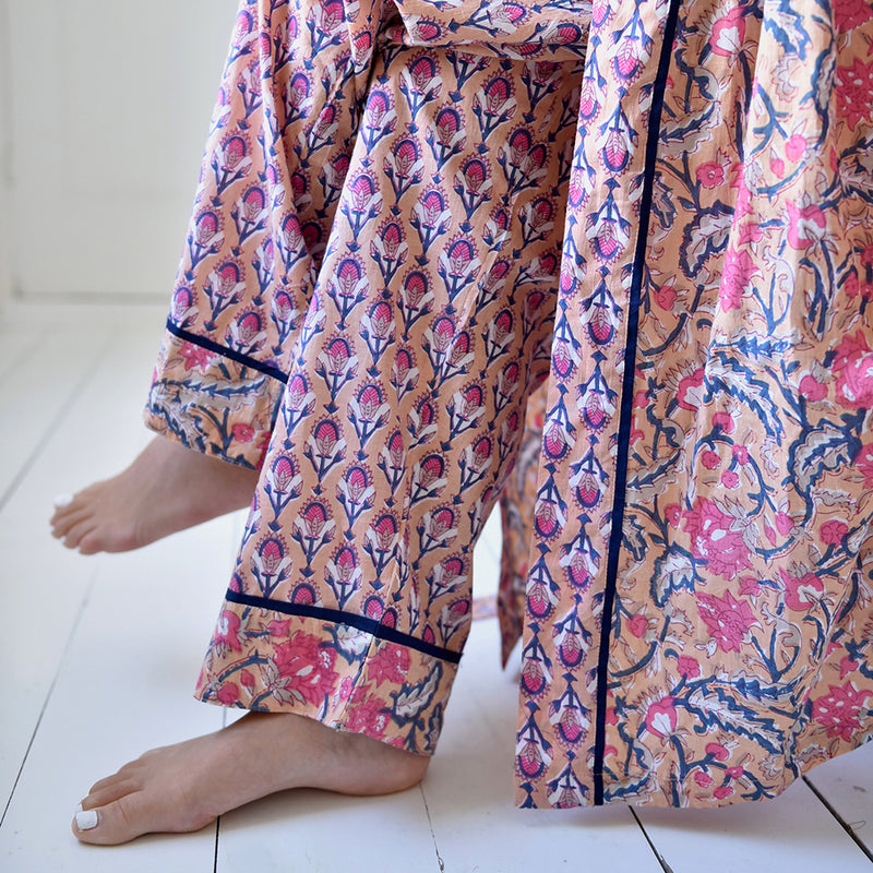 Block Printed Apricot, Navy & Persian Red Floral Cotton Dressing Gown
