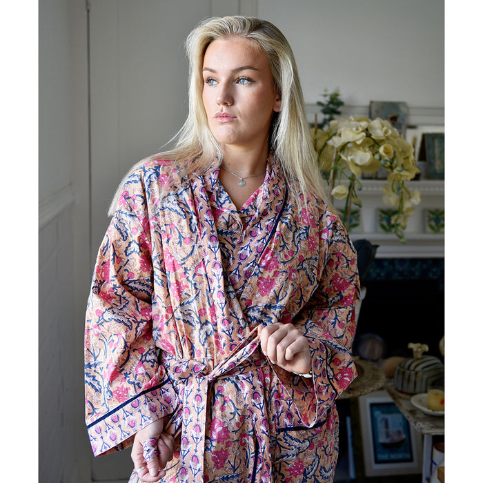 Block Printed Apricot, Navy & Persian Red Floral Cotton Dressing Gown