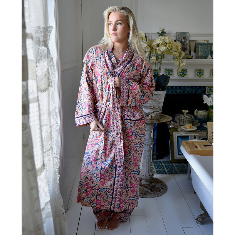 Block Printed Apricot, Navy & Persian Red Floral Cotton Dressing Gown