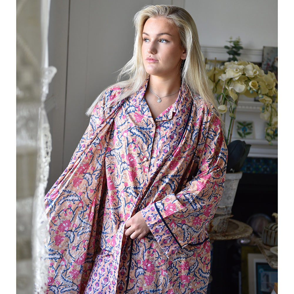 Block Printed Apricot, Navy & Persian Red Floral Cotton Dressing Gown