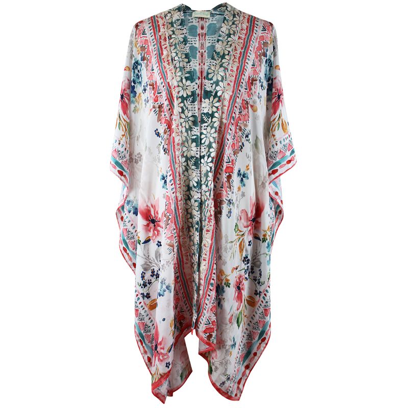 Watercolour Floral Viscose Kaftan Jacket with Heavy Cream Fishbone Embroidery