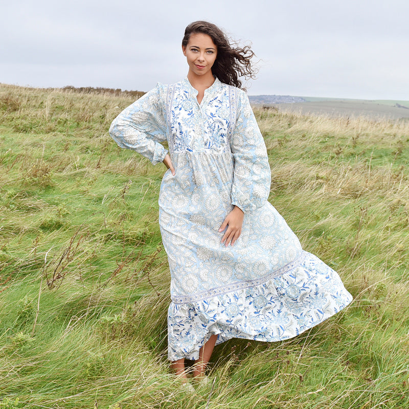 Block Printed Blue Cornflower Cotton Dress 'Emery' bluebelleandco Block Printed Blue Cornflower Cotton Dress 'Emery' bluebelleandco