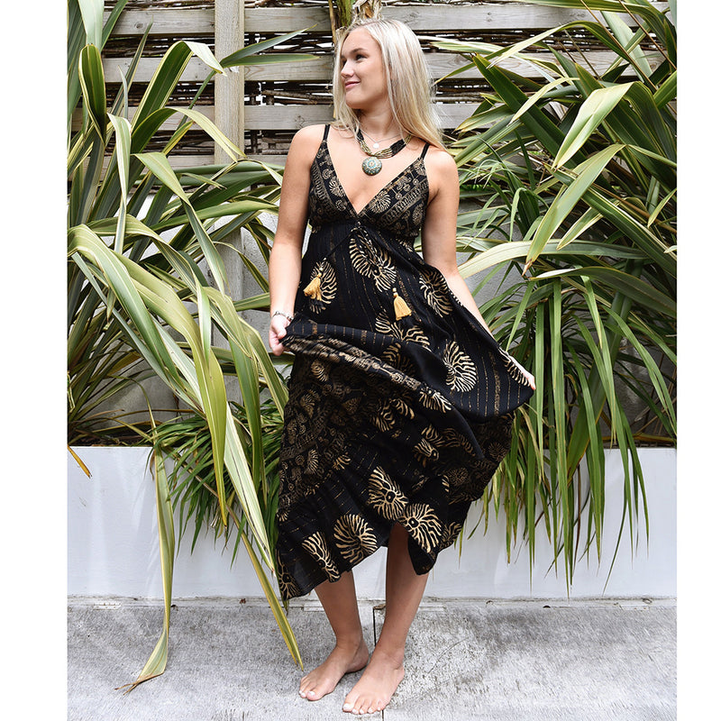 'Astrid' Black & Gold Indian Print Crepe Dress