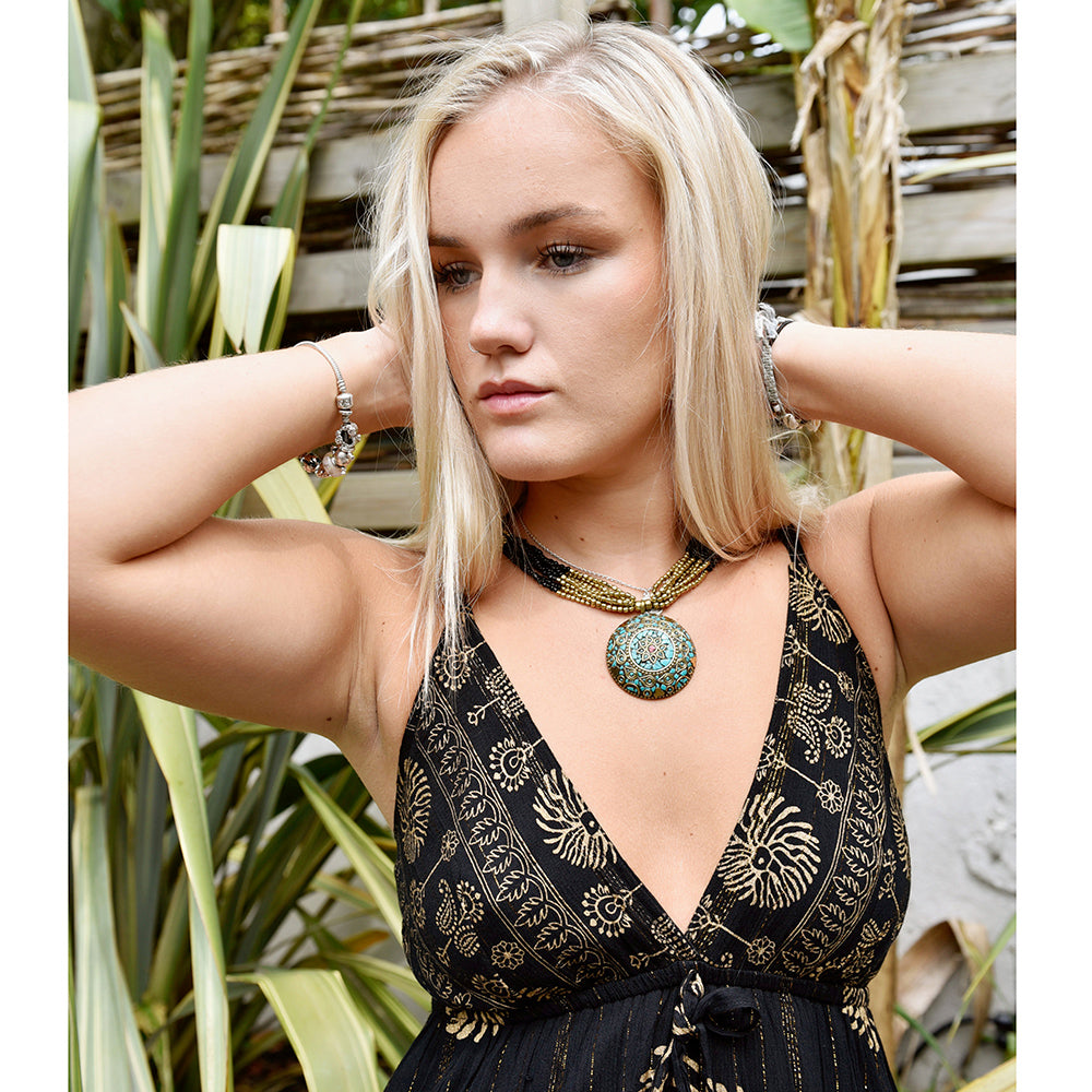 'Astrid' Black & Gold Indian Print Crepe Dress