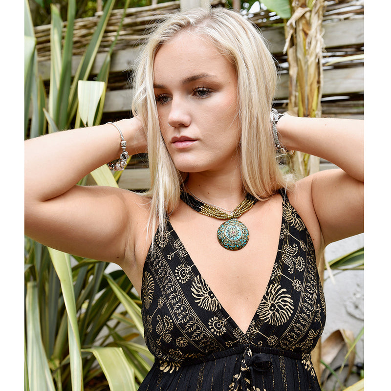'Astrid' Black & Gold Indian Print Crepe Dress
