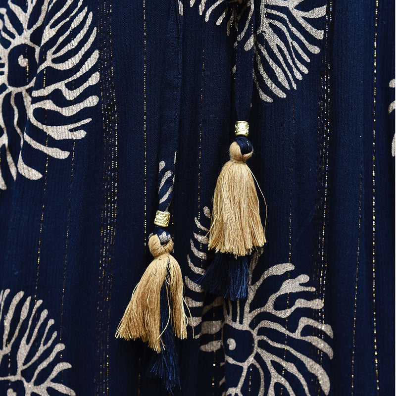 'Astrid' Black & Gold Indian Print Crepe Dress