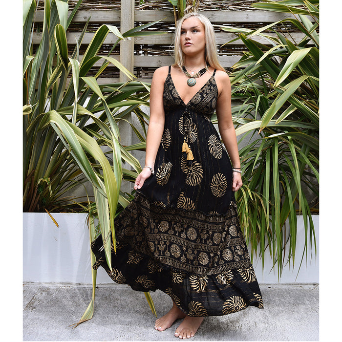'Astrid' Black & Gold Indian Print Crepe Dress