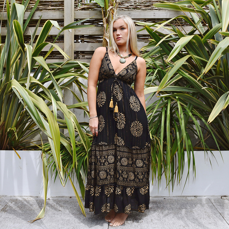'Astrid' Black & Gold Indian Print Crepe Dress