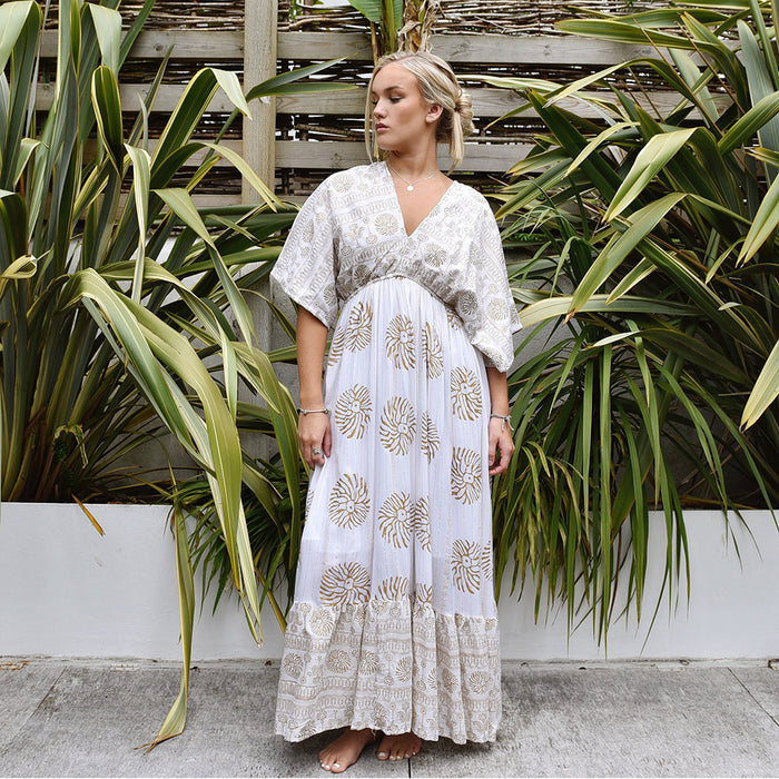 'Heather' White & Gold Indian Print Batwing Crepe Dress