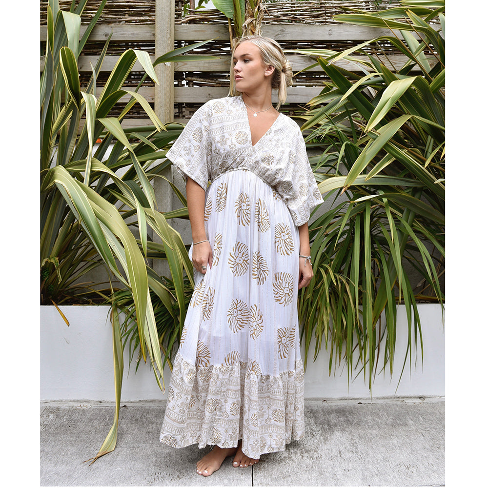 'Heather' White & Gold Indian Print Batwing Crepe Dress