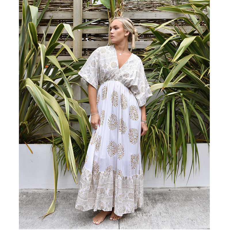 'Heather' White & Gold Indian Print Batwing Crepe Dress