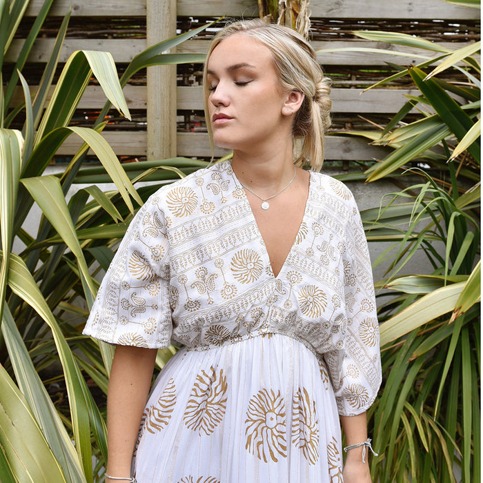 'Heather' White & Gold Indian Print Batwing Crepe Dress