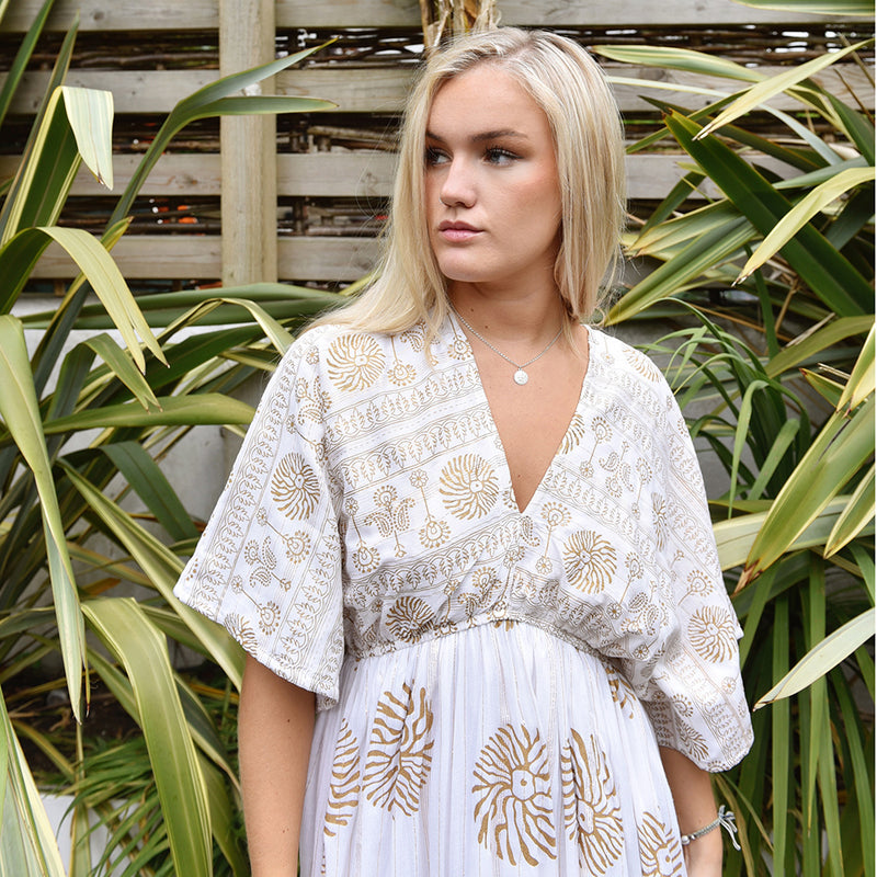 'Heather' White & Gold Indian Print Batwing Crepe Dress