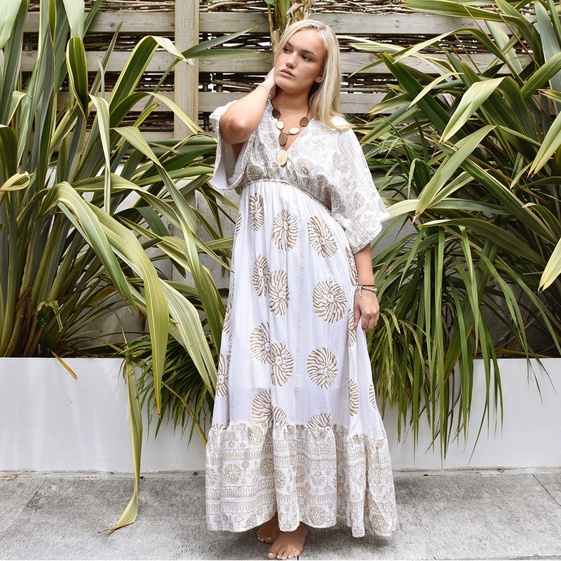 'Heather' White & Gold Indian Print Batwing Crepe Dress