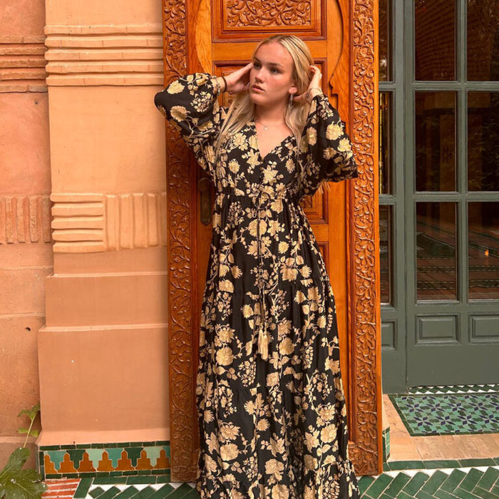 'Beba' Black & Gold Floral Maxi Dress