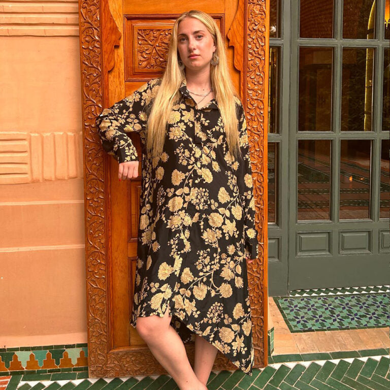 'Kimber' Buttoned Black & Gold Floral Shirt Dress