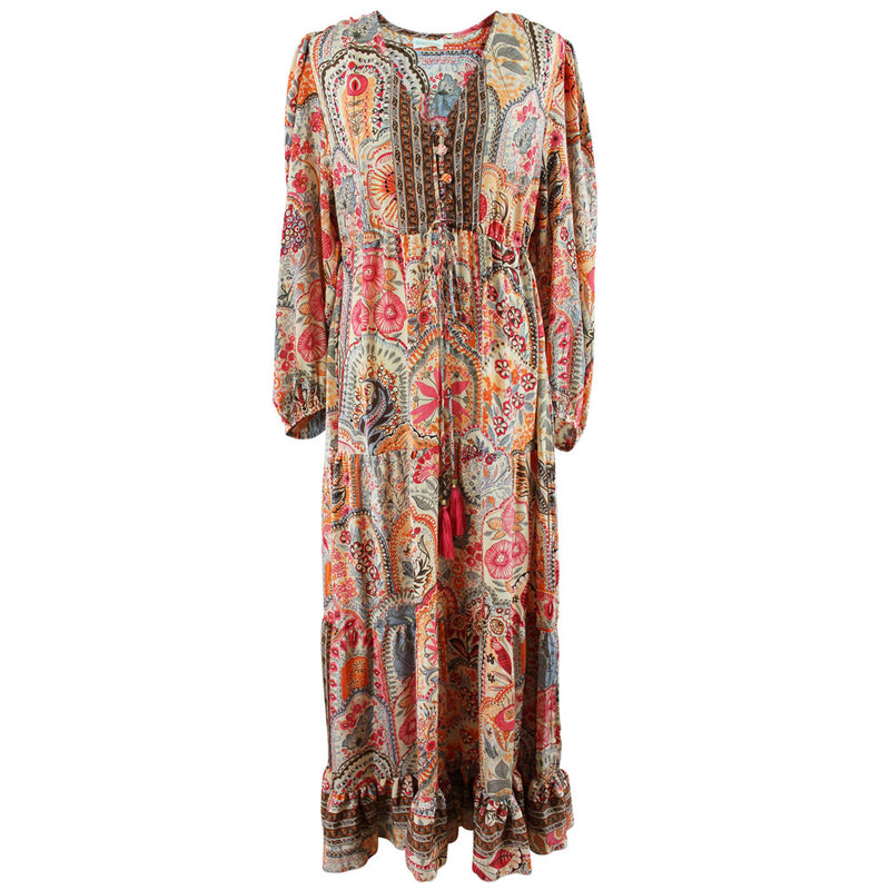 'Tuuli' Pink, Orange & Cream Floral Tile Print Maxi Dress