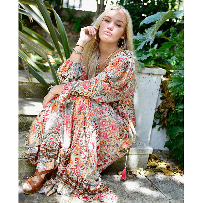 'Tuuli' Pink, Orange & Cream Floral Tile Print Maxi Dress