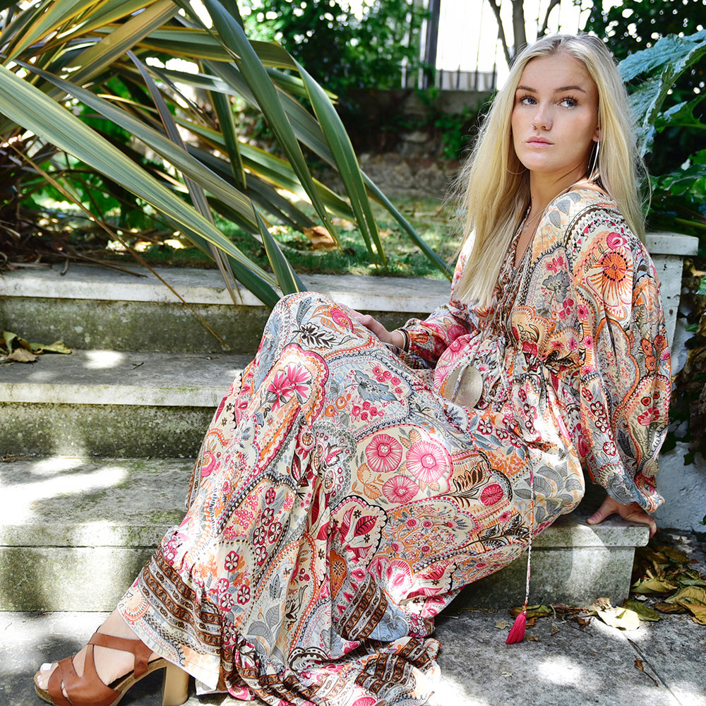 'Tuuli' Pink, Orange & Cream Floral Tile Print Maxi Dress