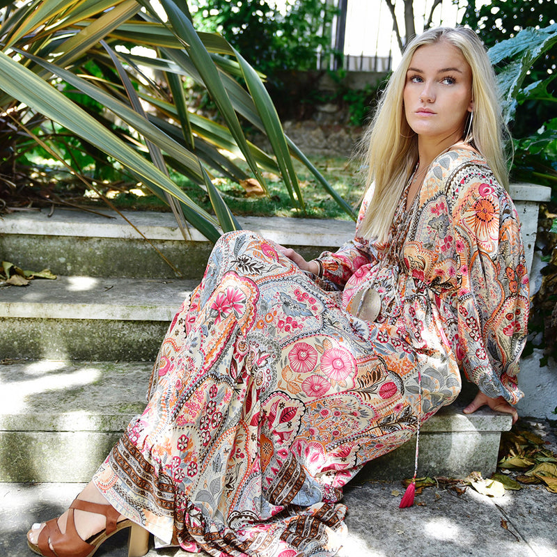 'Tuuli' Pink, Orange & Cream Floral Tile Print Maxi Dress