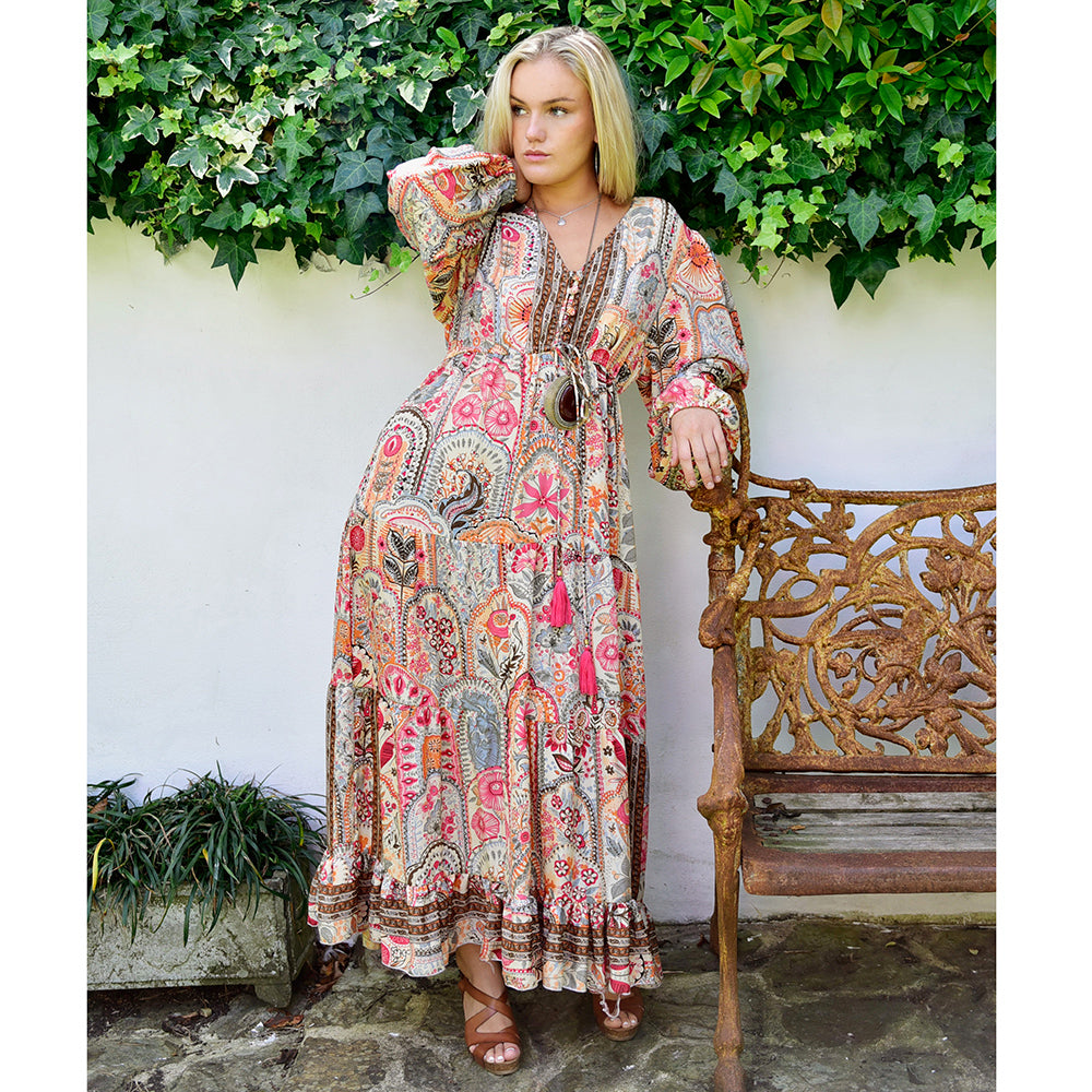 'Tuuli' Pink, Orange & Cream Floral Tile Print Maxi Dress